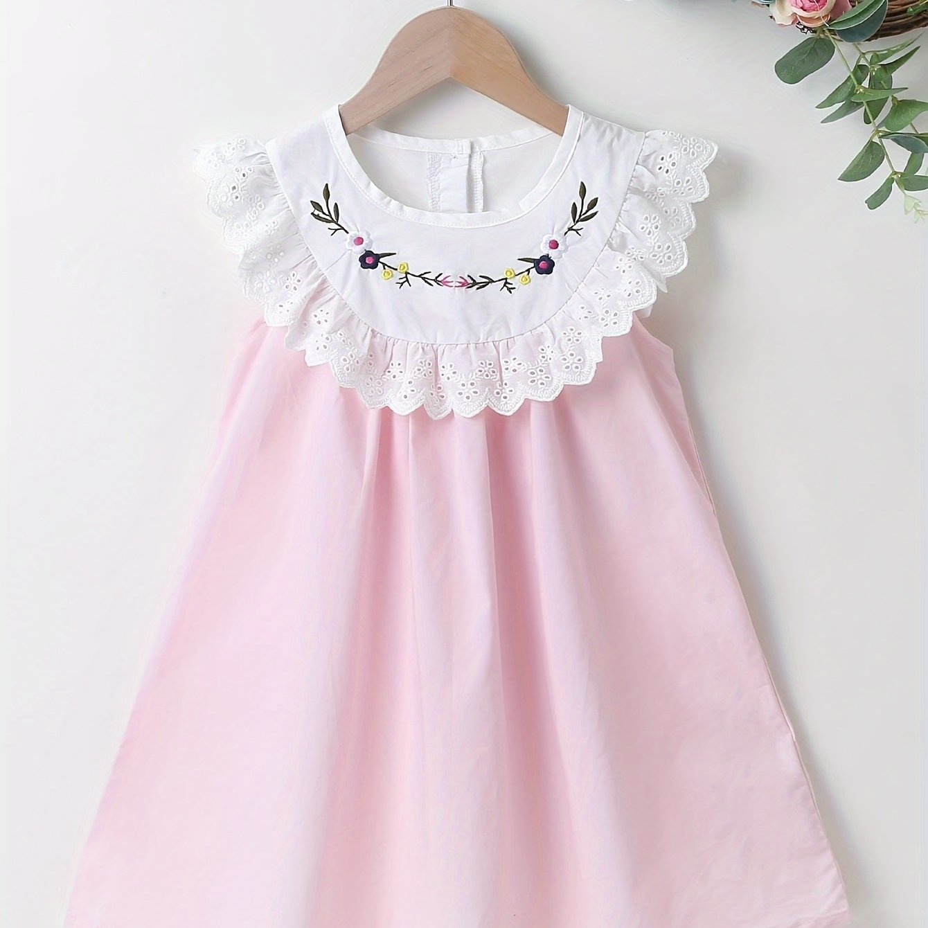 Adorable Girls Lace Dress with Delicate Collar - Charming Floral Embroidery, Soft Cotton, Comfort Fit, Sleeveless Design - Perfect for Little Fashionistas