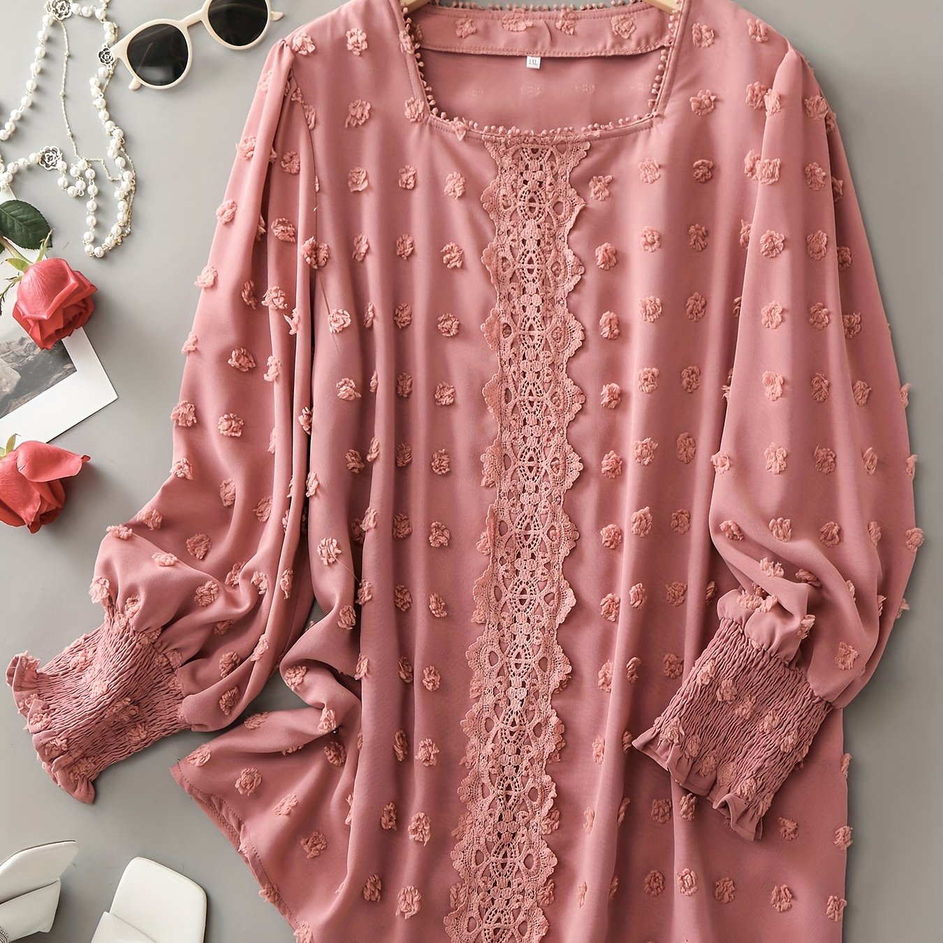 Plus Size Elegant Square Neck Long Sleeve Solid Color Polyester Blouse with Lace Stitching Pompom Details - Chic and Comfortable Non-Stretch Woven Top for Summer - Womens Stylish Clothing for Spring and Summer Seasons