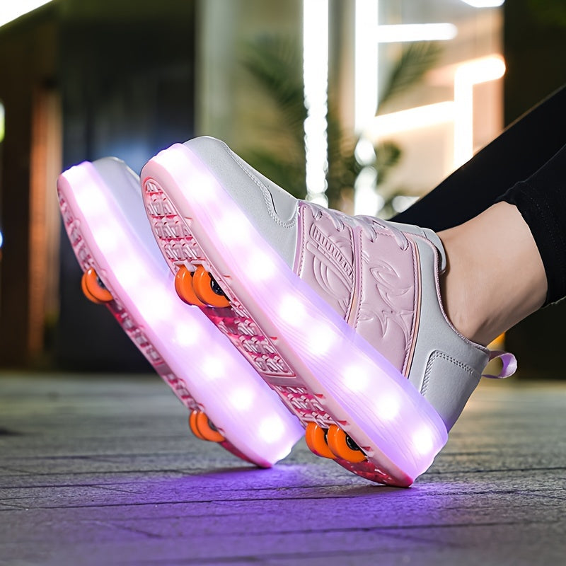 LED-Illuminated Skate Sneakers for Kids - Plaid Low Top Lace-Up Sports Shoes with Removable Skating Rollers, Abrasion-Resistant, All-Season Casual and Hiking Footwear for Boys and Girls, Hand Washable, with Fabric Inner and Insole, PU Upper, and TPR Sole
