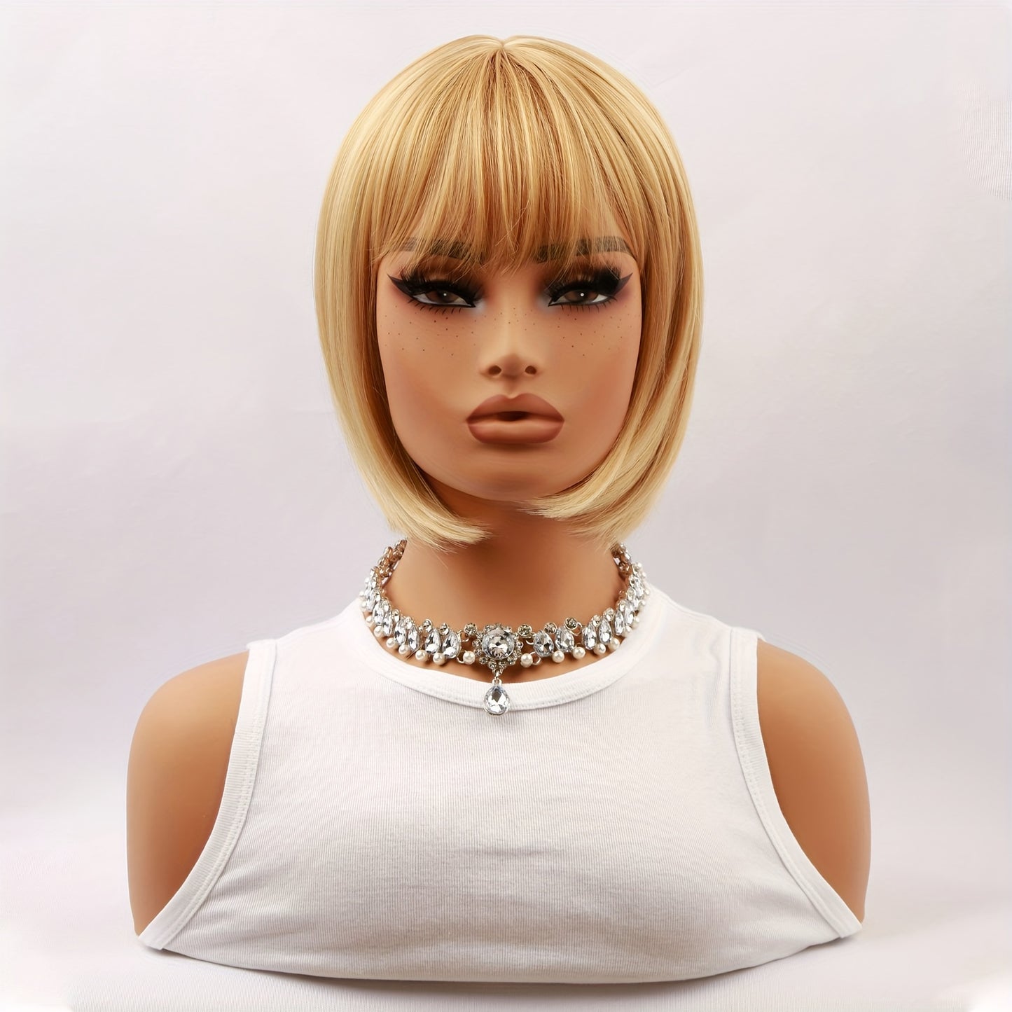 Elegant 12-Inch Blonde Highlight Short Straight Wig With Bangs For Women - 150% Density, Heat Resistant Synthetic Fiber, Beginner Friendly