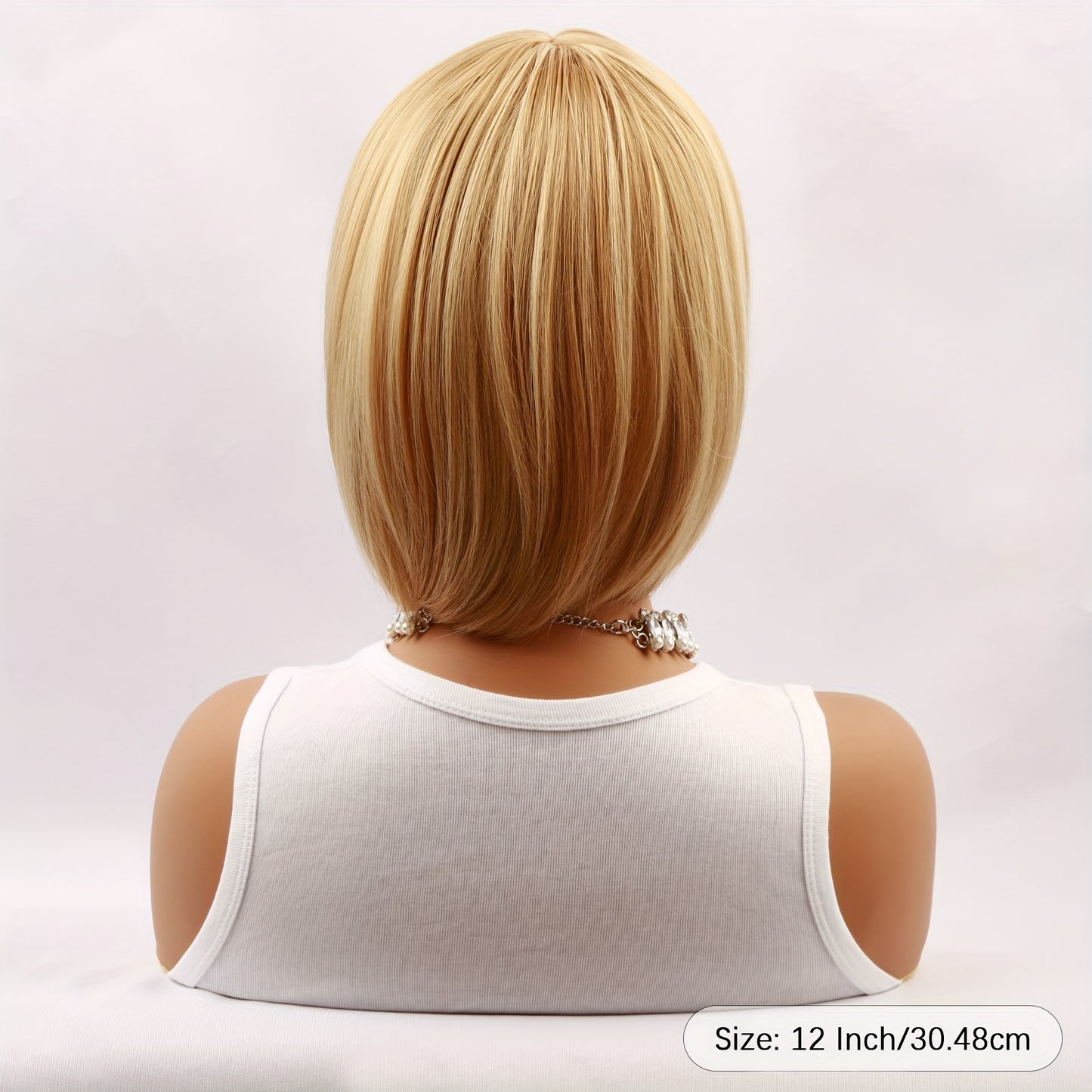 Elegant 12-Inch Blonde Highlight Short Straight Wig With Bangs For Women - 150% Density, Heat Resistant Synthetic Fiber, Beginner Friendly