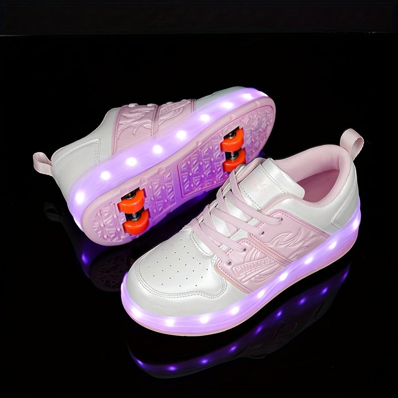 LED-Illuminated Skate Sneakers for Kids - Plaid Low Top Lace-Up Sports Shoes with Removable Skating Rollers, Abrasion-Resistant, All-Season Casual and Hiking Footwear for Boys and Girls, Hand Washable, with Fabric Inner and Insole, PU Upper, and TPR Sole