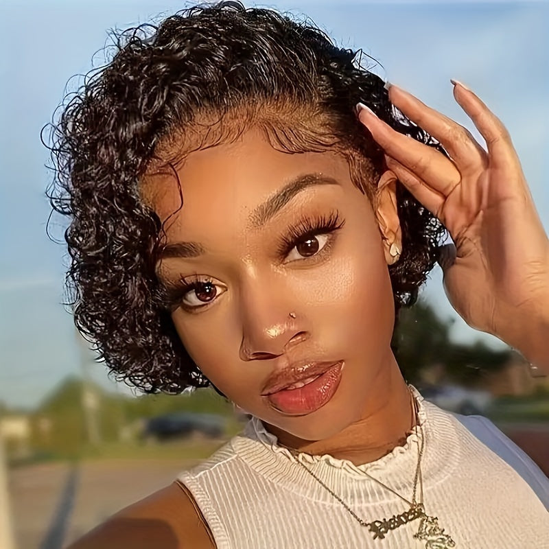 6inch Pixie Cut Wig Short Curly Lace Front Human Hair Wigs for  Women Brazilian Water Wave 13x1 Transparent Lace Wigs (1B# 99J  T1B/99J)