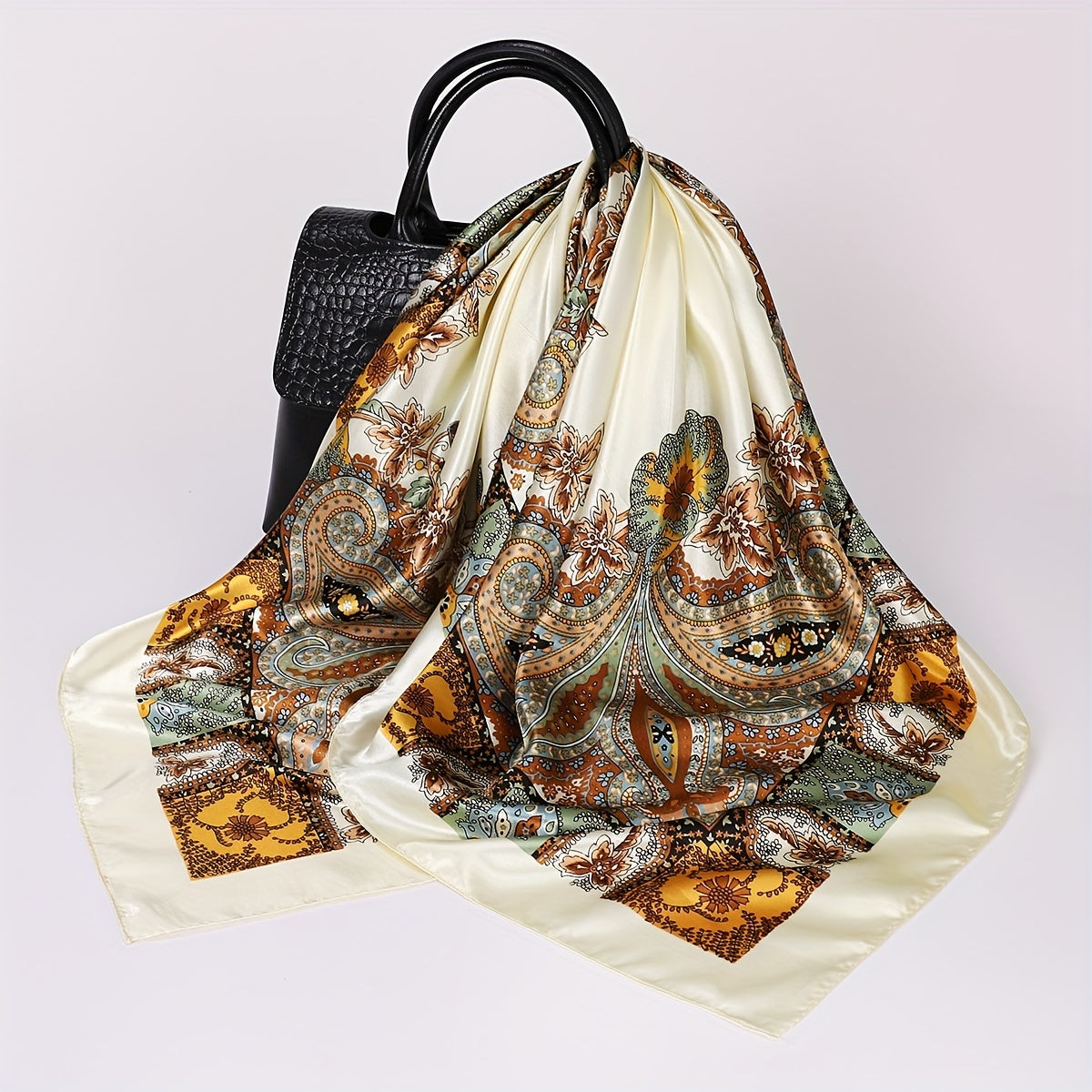 35.4" Luxurious Vintage Paisley Print Square Scarf - Soft Imitation Silk Satin, Windproof, Head Wrap, Neckerchief, Fashion Accessories for Women - Stylish, Versatile, and Comfortable