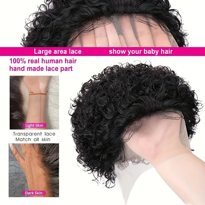 6inch Pixie Cut Wig Short Curly Lace Front Human Hair Wigs for  Women Brazilian Water Wave 13x1 Transparent Lace Wigs (1B# 99J  T1B/99J)