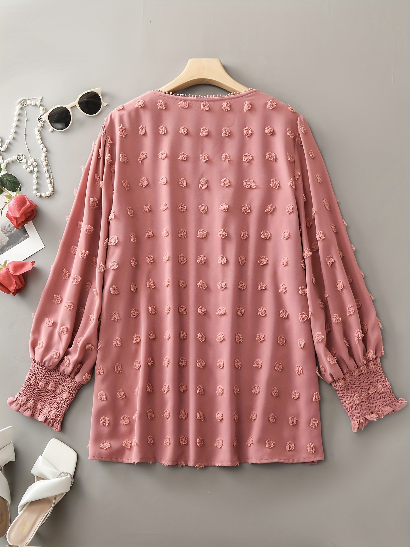 Plus Size Elegant Square Neck Long Sleeve Solid Color Polyester Blouse with Lace Stitching Pompom Details - Chic and Comfortable Non-Stretch Woven Top for Summer - Womens Stylish Clothing for Spring and Summer Seasons