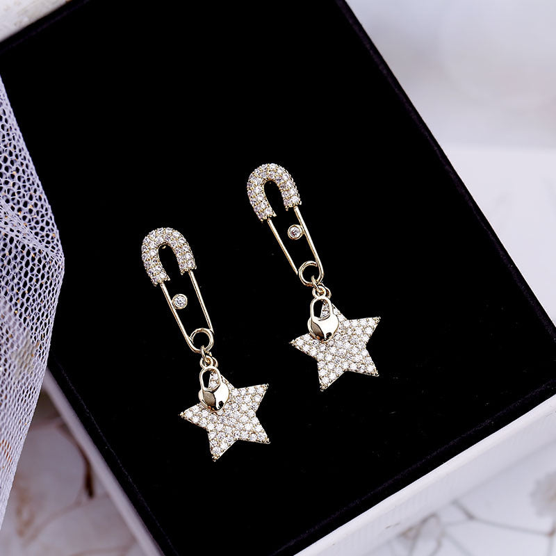 2025 Creative Pin Earrings Women's Star Earrings Long Temperament Korean Personality Versatile Earrings Pentagram Silver Needle Earrings