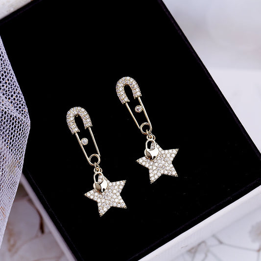 2025 Creative Pin Earrings Women's Star Earrings Long Temperament Korean Personality Versatile Earrings Pentagram Silver Needle Earrings