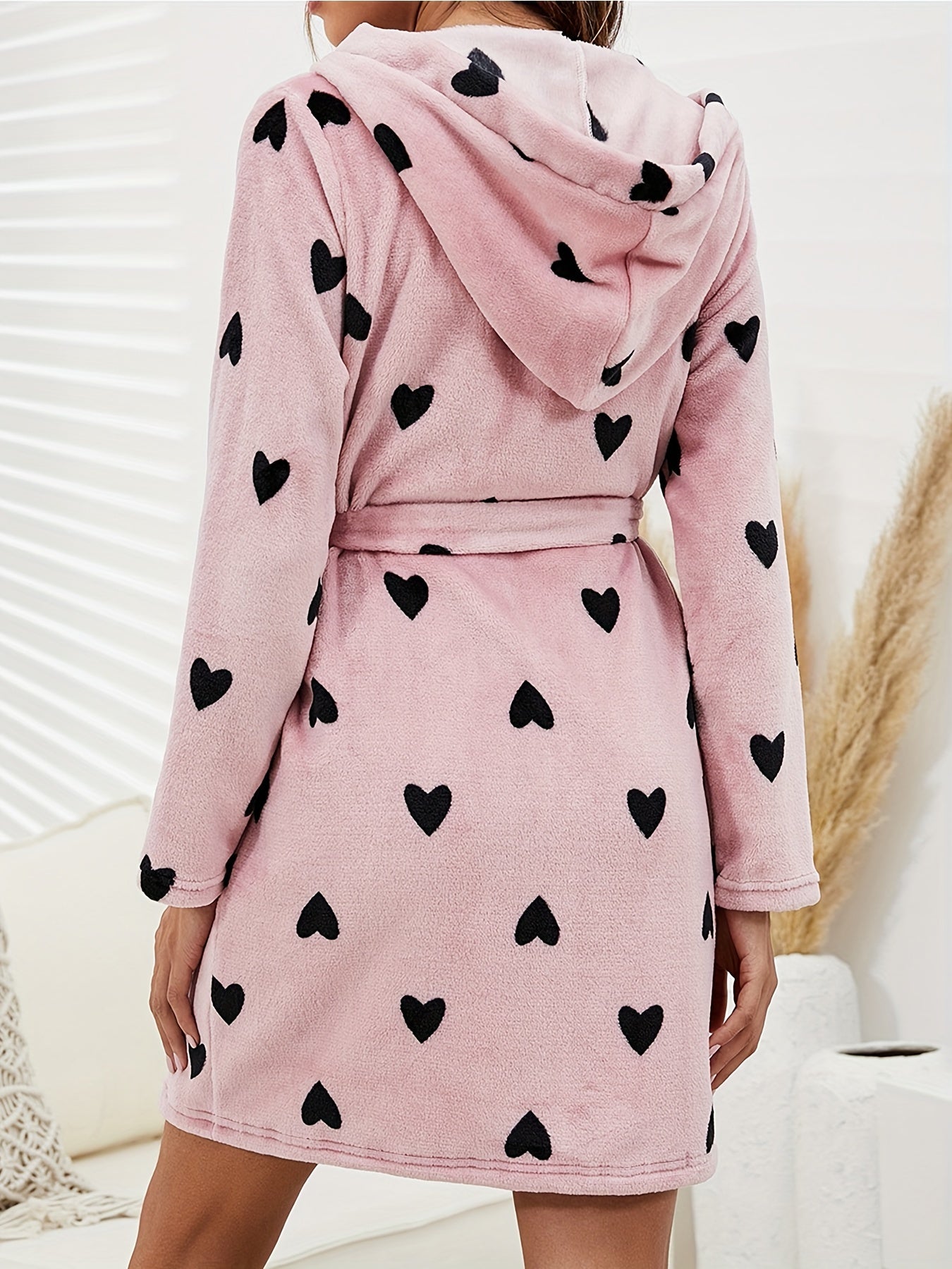 Plush Heart Print Hooded Nightgown, Long Sleeve Belted Flannel Lounge Robe With Pockets For Valentine's Day, Women's Sleepwear & Dresses for fall/ winter