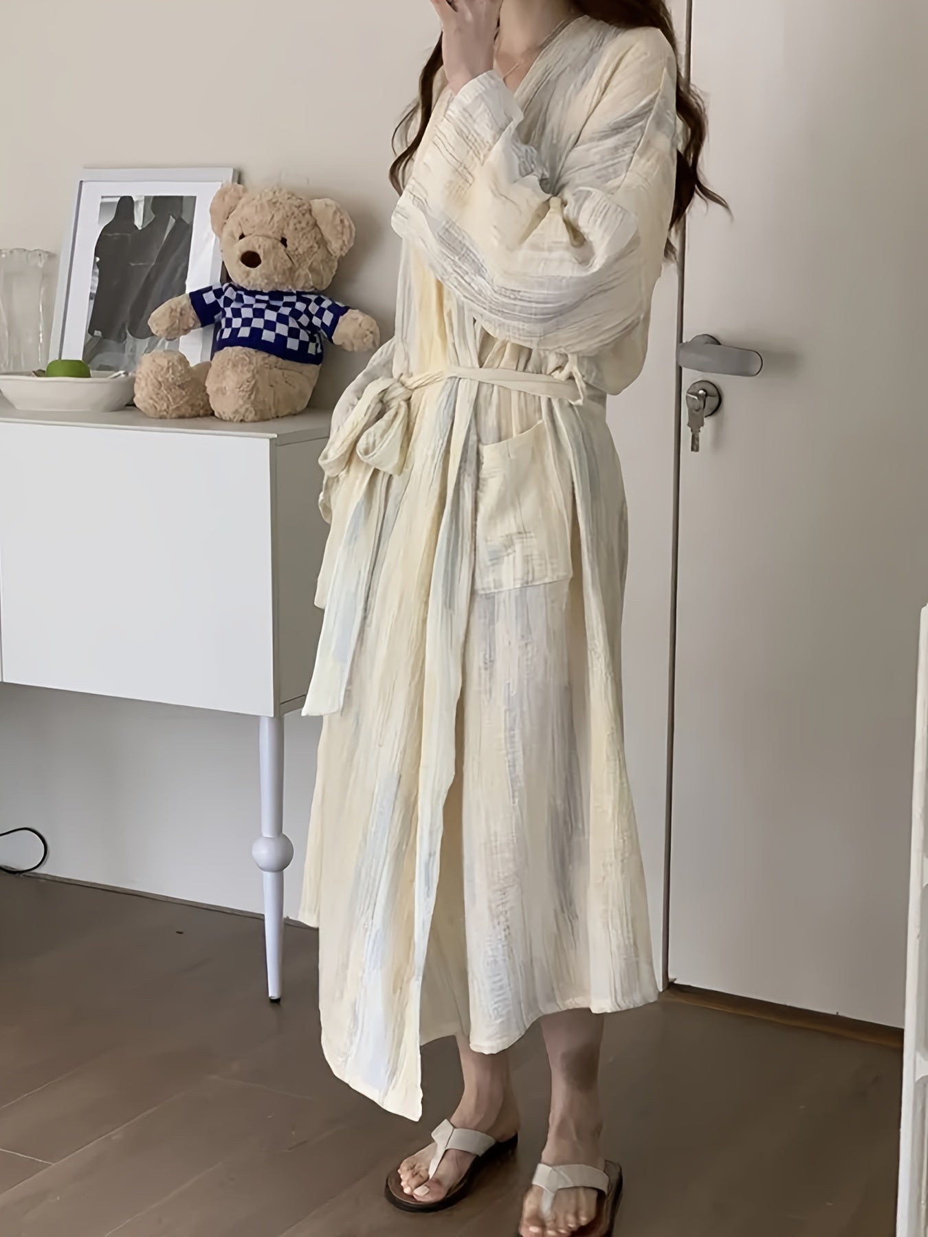 Ombre Stripe Print Loose Fit Night Robe, Long Sleeve V Neck Pocketed Robe With Belt, Women's Sleepwear & Dresses