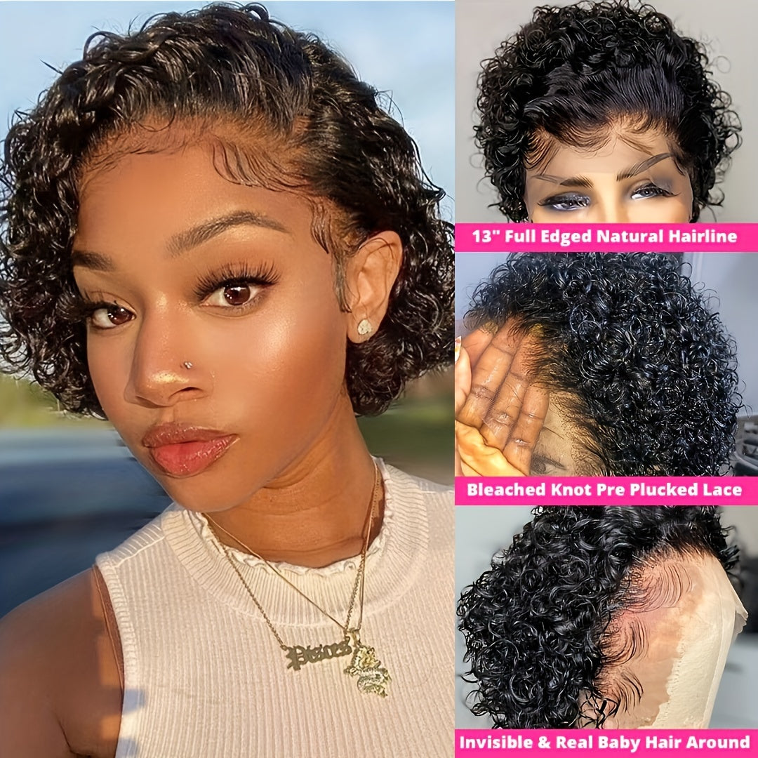 13x1 Lace Front Human Hair Wig Short Pixie Cut Wigs Short Curly Bob Transparent Front Lace Wigs For Women 180%