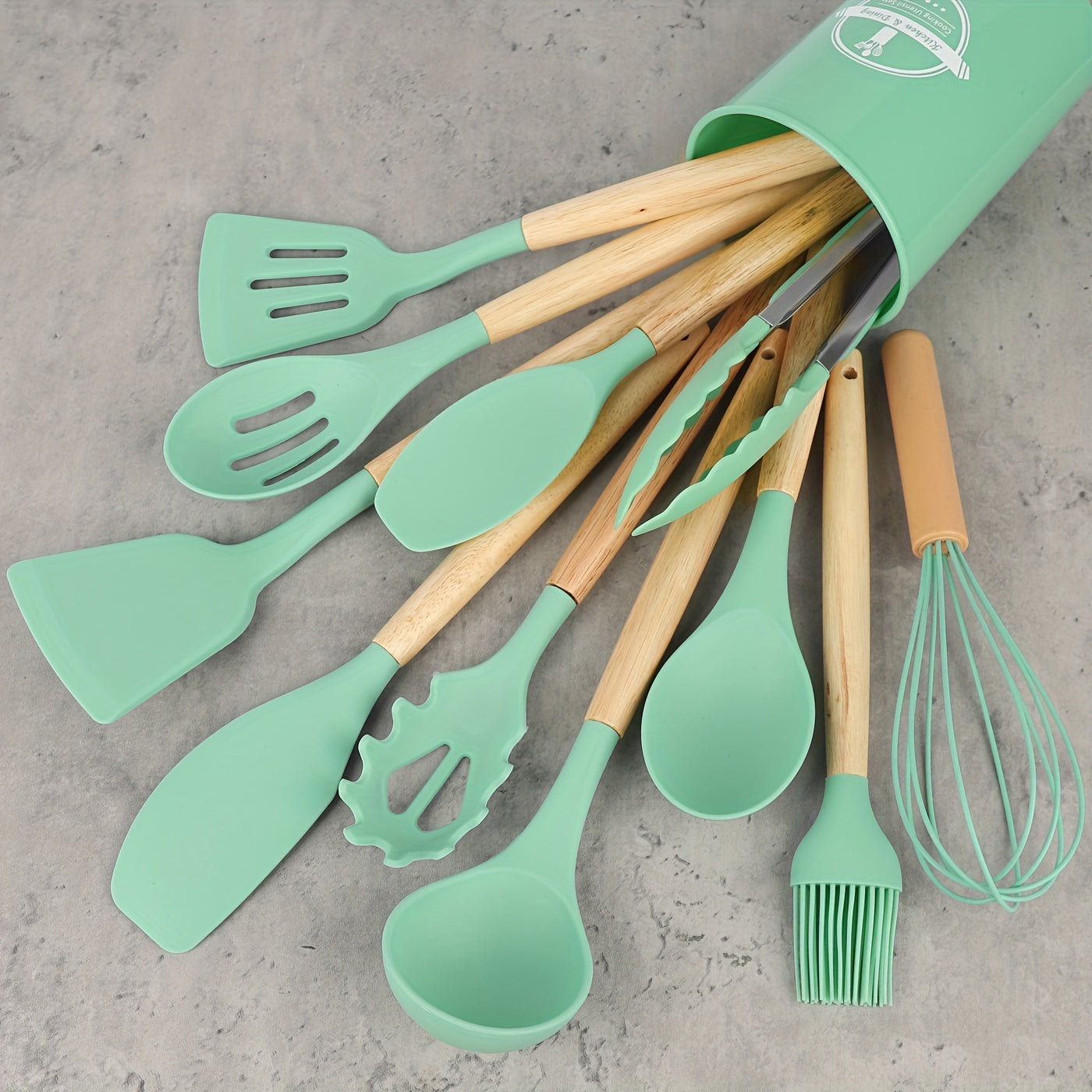 12pcs/set, Silicone Utensil Set, Kitchen Utensil Set, Safety Cooking Utensils Set, Non-Stick Cooking Utensils Set With Wooden Handle, Washable Modern Cookware, Kitchen Stuff, Kitchen Gadgets, Kitchen Essentials