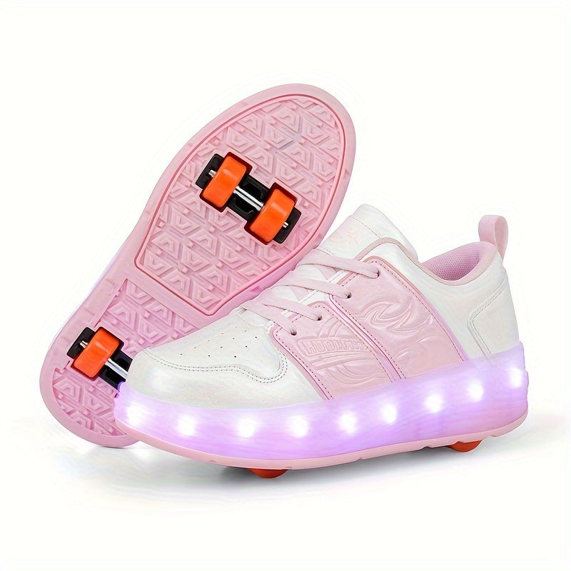 LED-Illuminated Skate Sneakers for Kids - Plaid Low Top Lace-Up Sports Shoes with Removable Skating Rollers, Abrasion-Resistant, All-Season Casual and Hiking Footwear for Boys and Girls, Hand Washable, with Fabric Inner and Insole, PU Upper, and TPR Sole