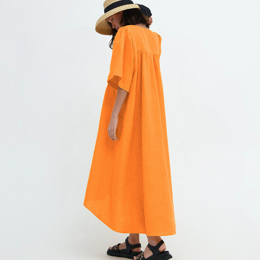 2025 Fashion casual loose short-sleeved solid color cotton and linen V-neck A-shaped skirt summer versatile commuter dress Popular trade wholesale women