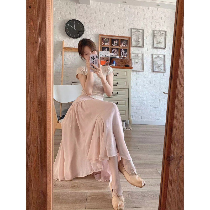New pink high-waisted word fairy skirt girl 2025 small gentle and thin fishtail skirt long two-piece set