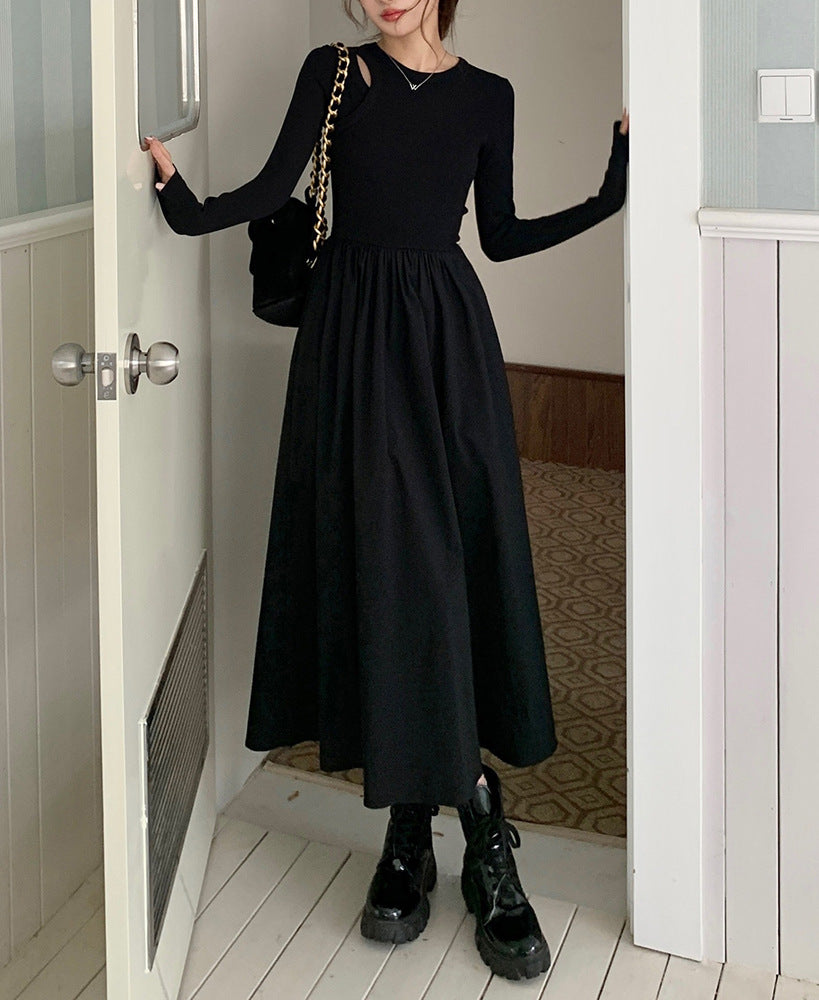 2025 Hepburn style hollow knitted long-sleeved dress women's spring and autumn new design sense niche temperament slim and thin long dress