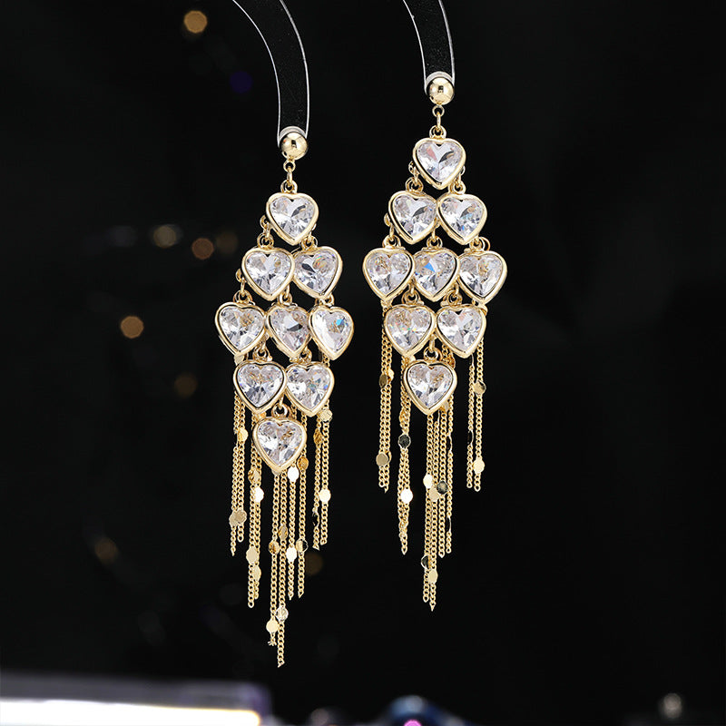 2025 2025 light luxury fashion high-end earrings super flash zircon sweet earrings temperament long love fringed earrings women