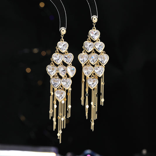 2025 2025 light luxury fashion high-end earrings super flash zircon sweet earrings temperament long love fringed earrings women