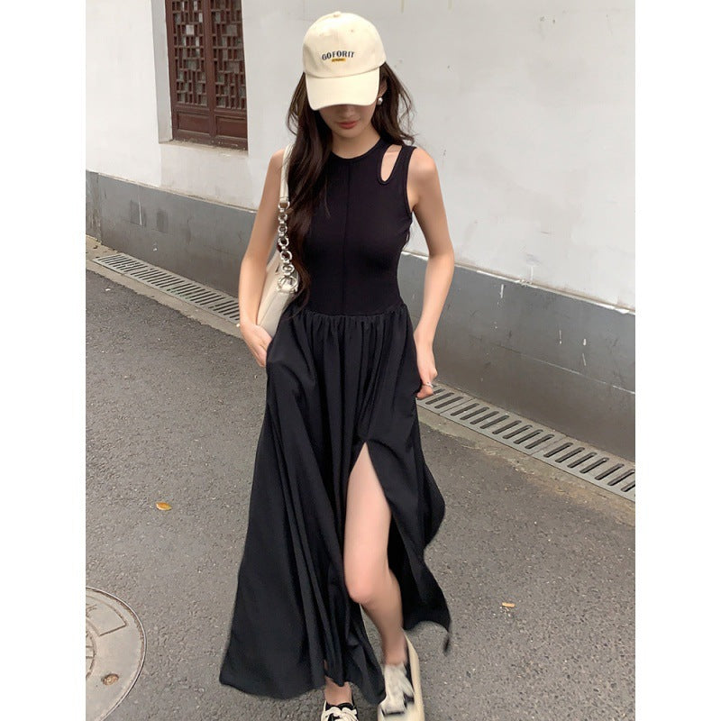 2025 summer black long dress vest dress women waist thin split cut women wear pure desire Spice Girl style