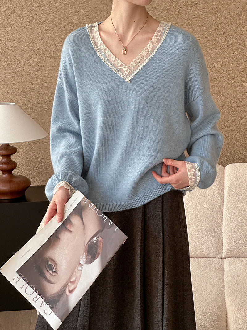 2025 popular autumn and winter top Korean version lace V-neck lace slim soft waxy Ankola red sweater 8819-3