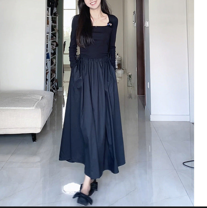 2025 new women's clothing spring and autumn  retro Hepburn style temperament long sleeves waist thin black dress