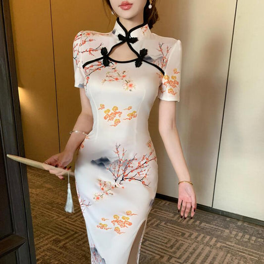 Banquet dress women's 2025 summer dress new young temperament slim print Chinese sexy split dress toast