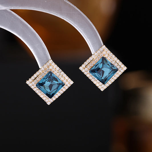 2025 New Korean version fashion temperament blue crystal square stud earrings S925 silver needle geometric earrings women's zircon jewelry