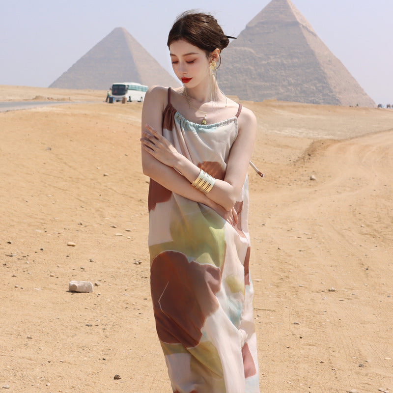 2025 retro color matching printing suspender dress summer temperament loose lazy wind seaside vacation dress children