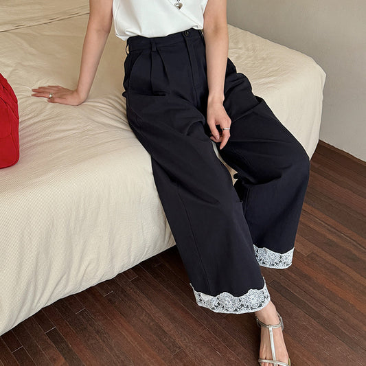 Cotton cocoon, high-waisted lace-edged wide-leg pants for women's  summer new navy blue high-casual straight-leg pants