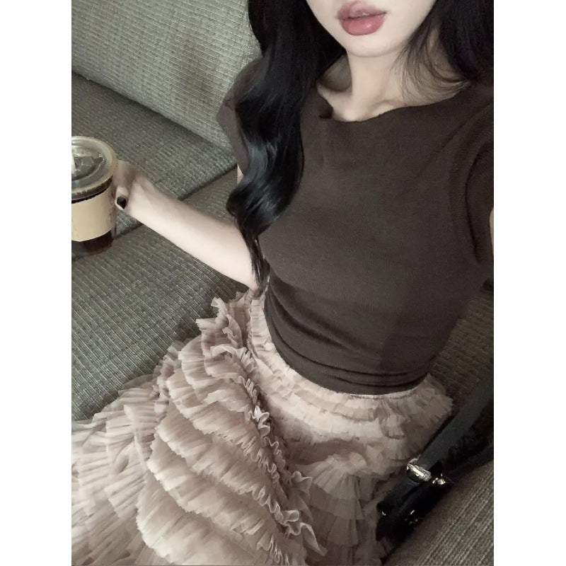 Skirt Set Women's Summer Straps Short Sleeve Top Temperament Fairy Mesh Cake Long Dress Two-piece Set