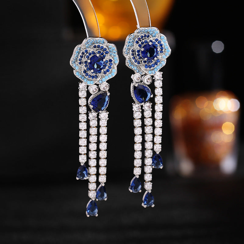 2025 Heavy Industry Light Luxury Premium Earrings Camellia s925 Silver Needle Earrings Women's Rose Long Water Drop Fringed Earrings