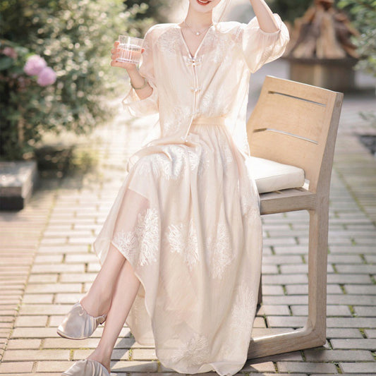 2025 Off-white new Chinese two-piece suit women's spring and summer national style top printed skirt wide-leg long skirt suit women