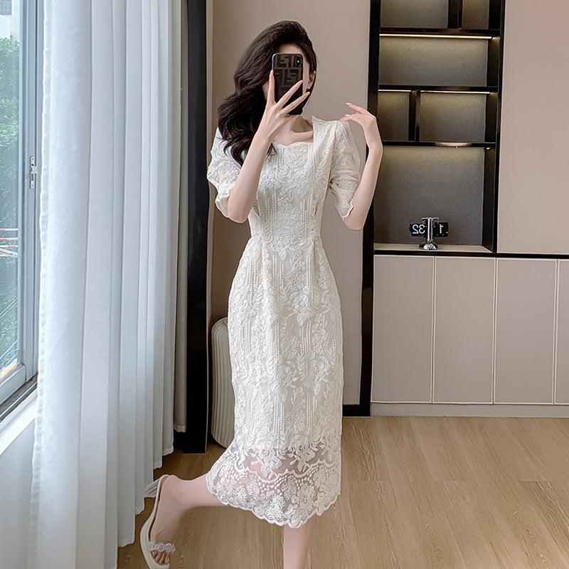 2025 summer new  fairy lace embroidered skirt women's chiffon temperament waist fashion dress women