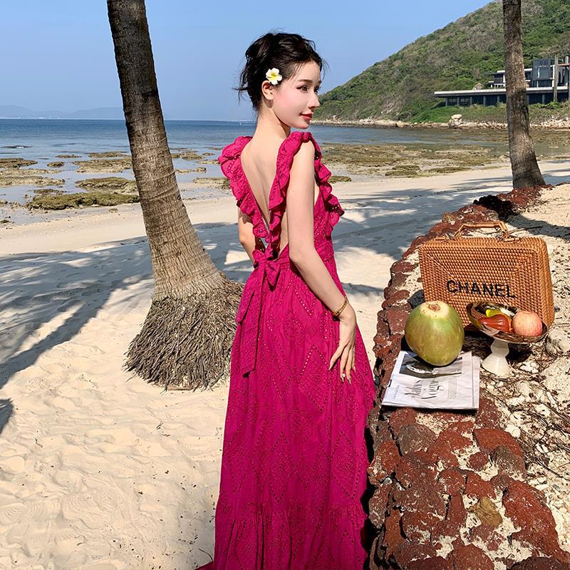 2025 temperament design sense small flying sleeves backless dress women's summer vacation style strap design vacation style long dress