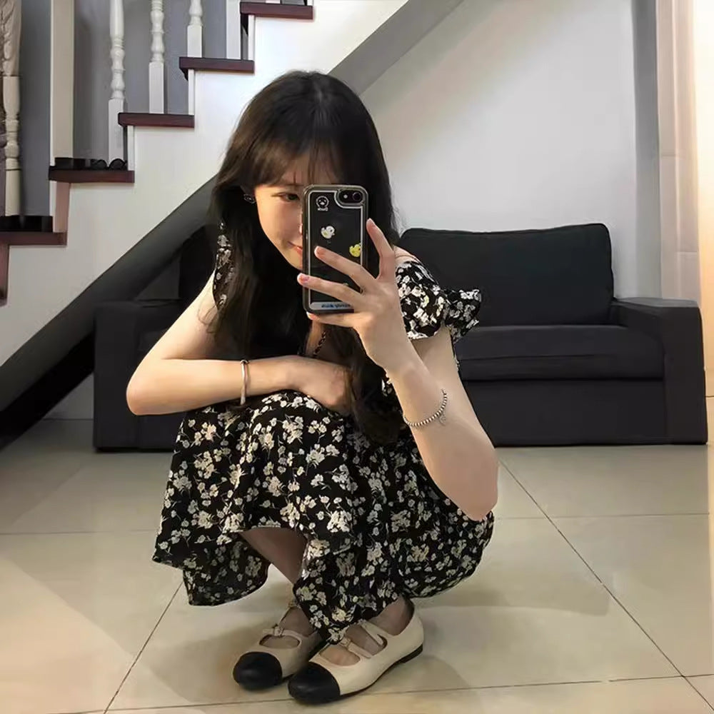 2025 Coffee Break  Hepburn Style Black Floral Dress Children's Summer  New Temperament Waist Long Dress Women's Clothing
