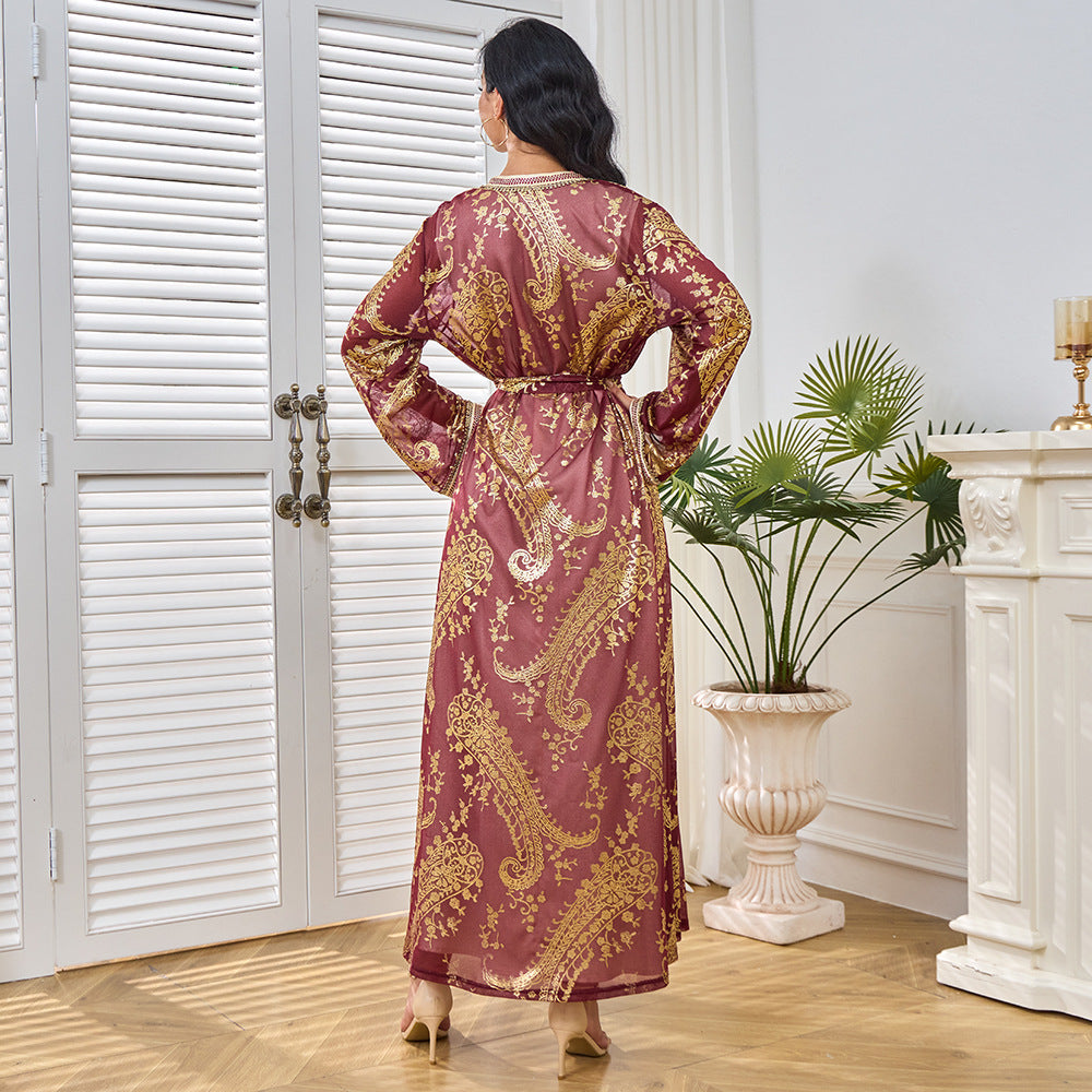 MT212 Middle East robe V-neck cardigan muslim two-piece set bronzing dress Muslim Popular trade suit dress