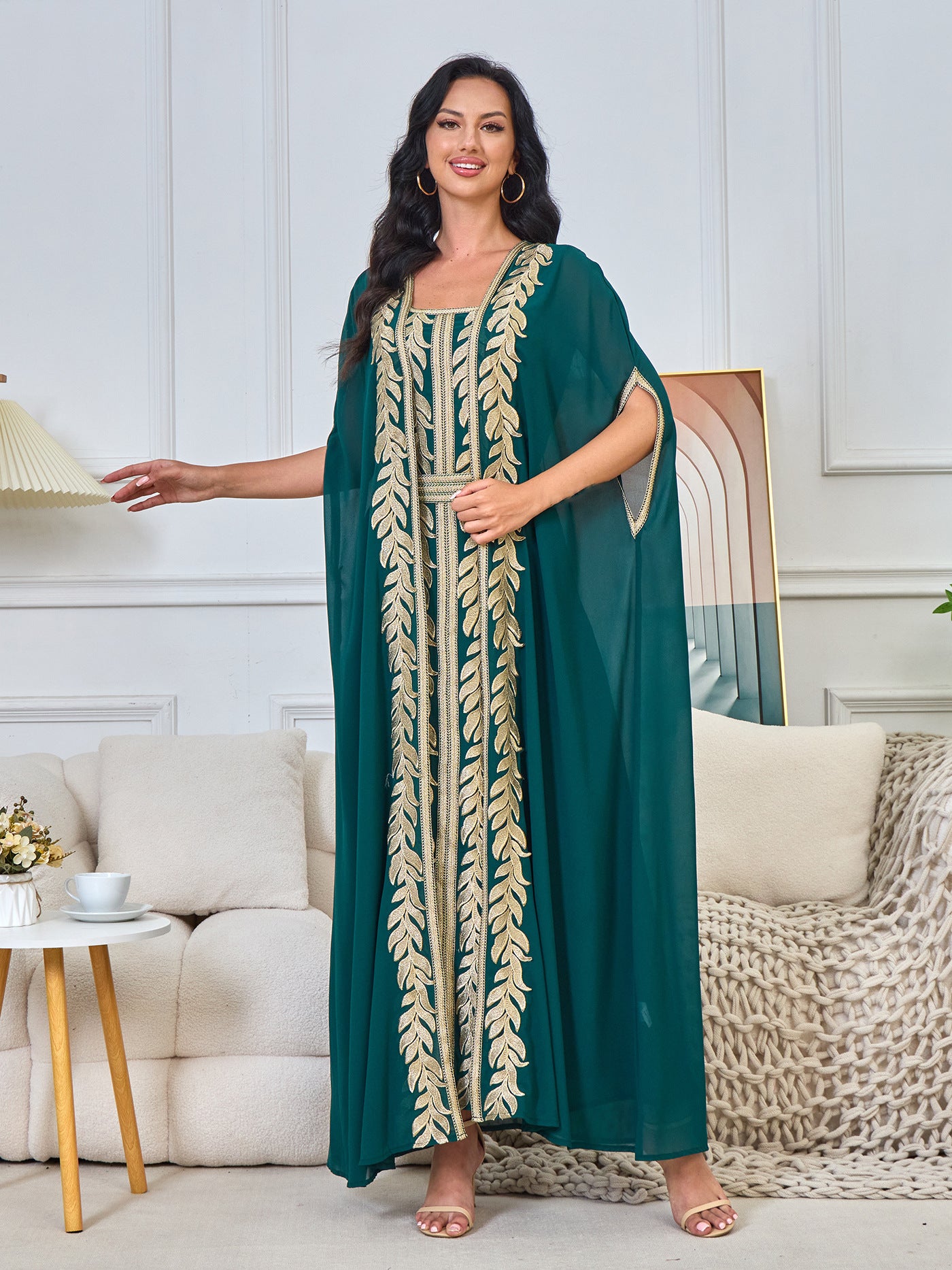 MT214 Middle East popular Summer New Muslim Cardigan Embroidered Robe Two-piece Dress Dress