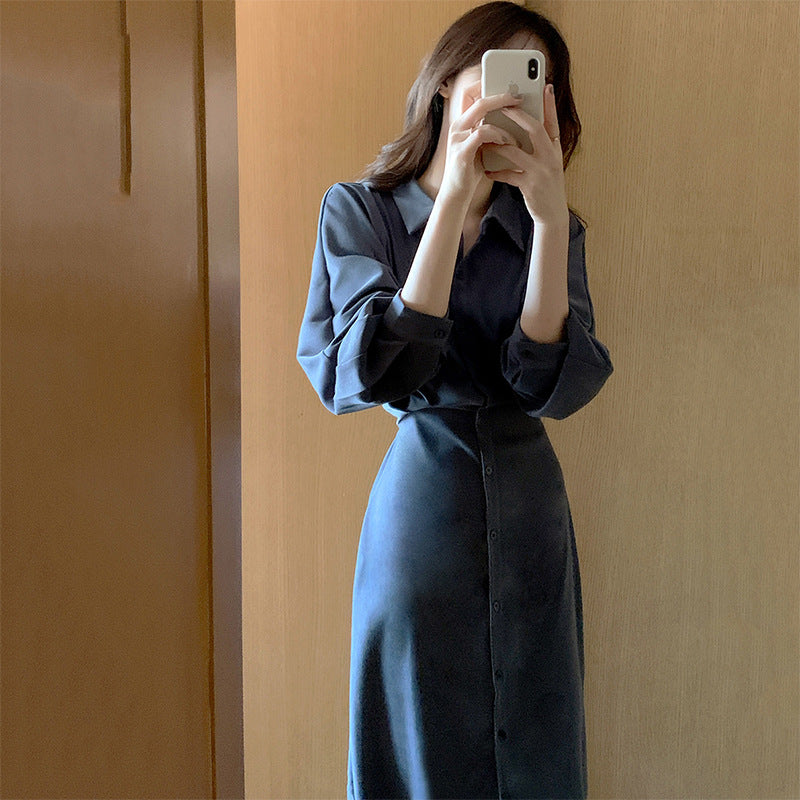 2025 Shirt dress women's spring and summer new  retro temperament waist and thin knee long black skirt