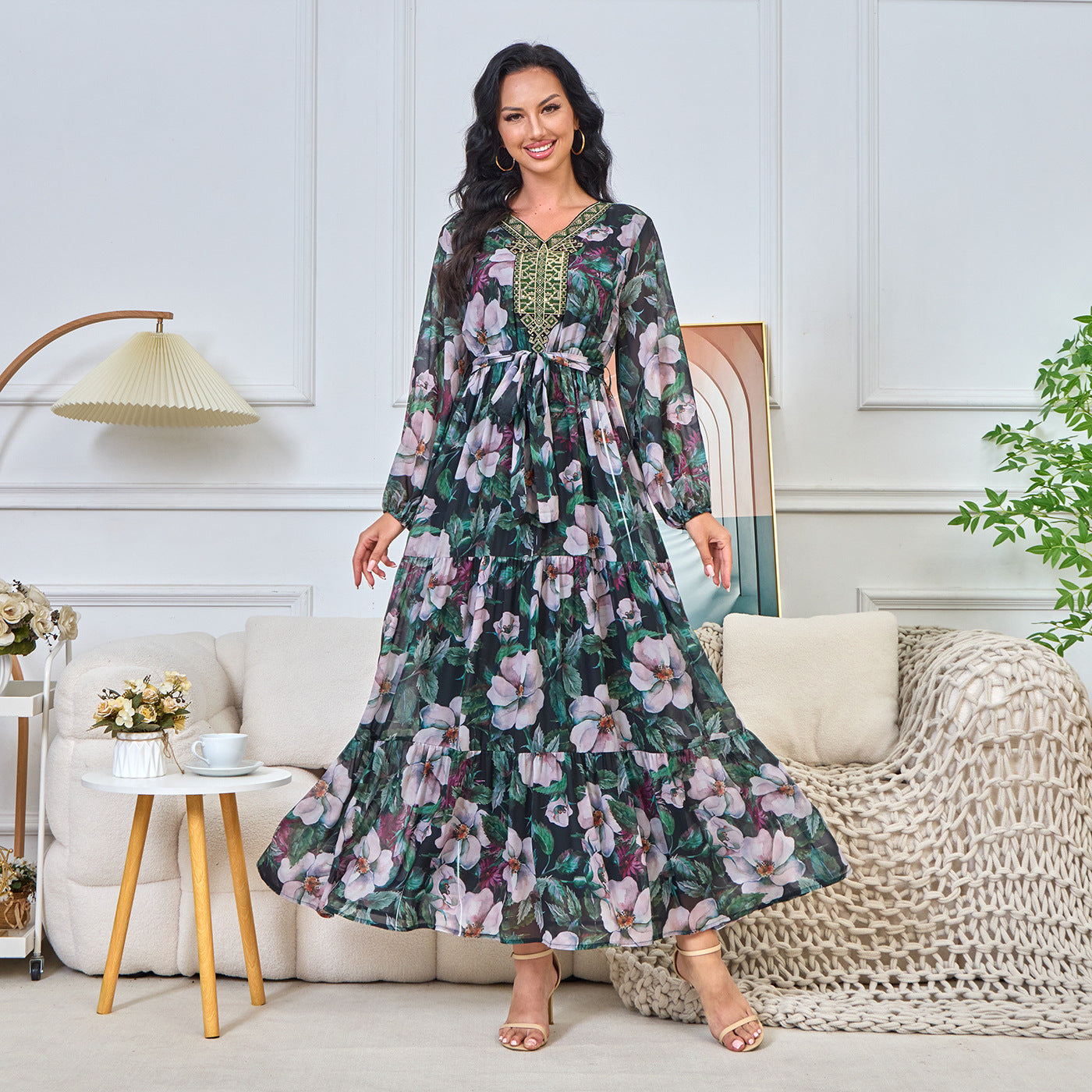MT202 Middle East summer new Muslim women's clothing printing elegant fashion loose waist big swing dress ins