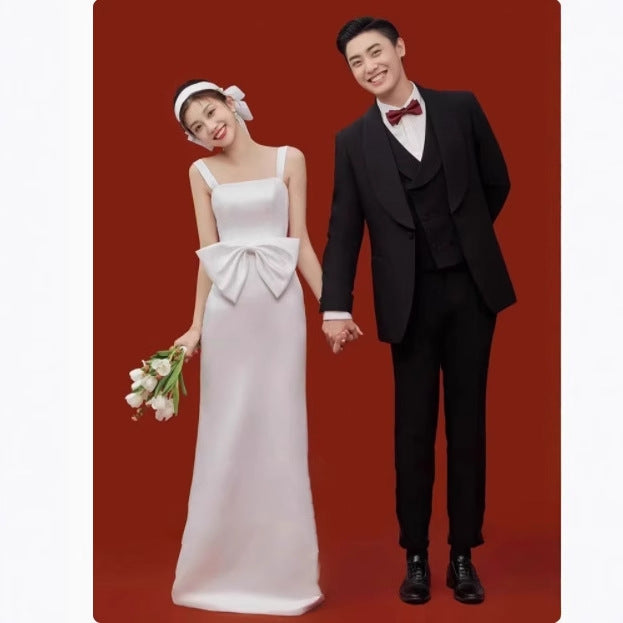 2025 Photo studio photo theme clothing light wedding dress small dress suspender satin bow going out yarn  dress spring