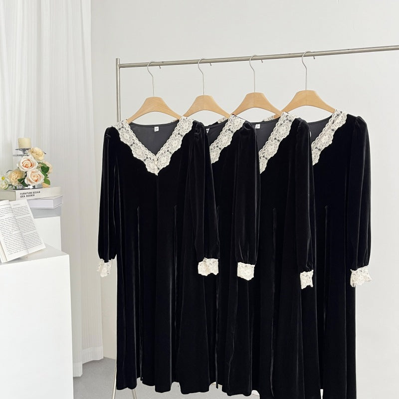 2025 Hepburn style black young velvet dress women's spring dress new high-end temperament slim