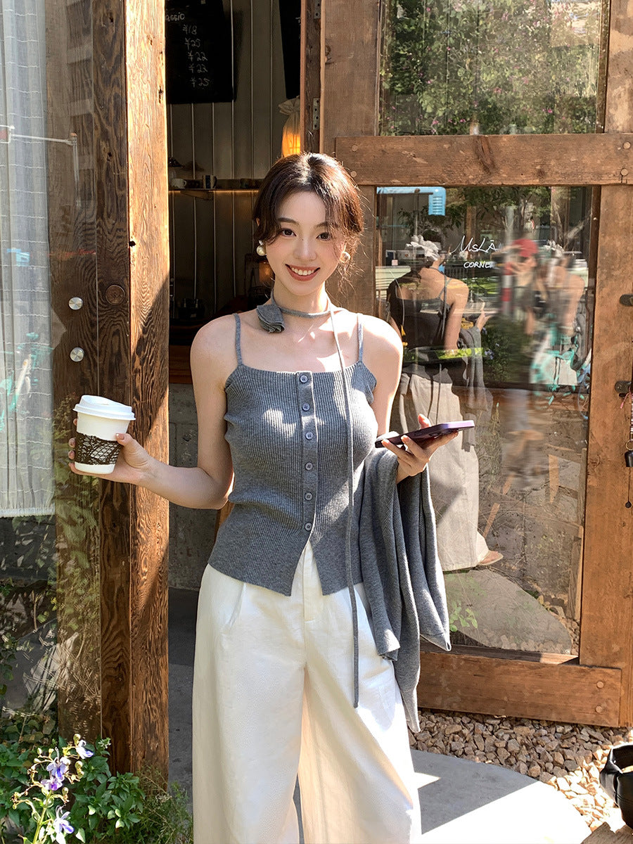 2025 spring new wool knitted small suspender vest sunscreen blouse two-piece set women 25190