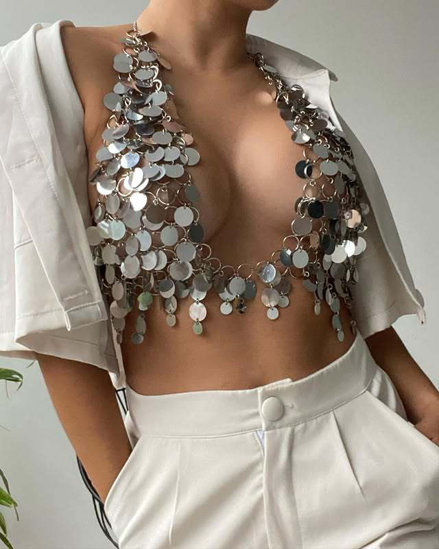 L5073Y 2025 New sexy silver metal chain with sequin chain neck top vest body chain waist chain