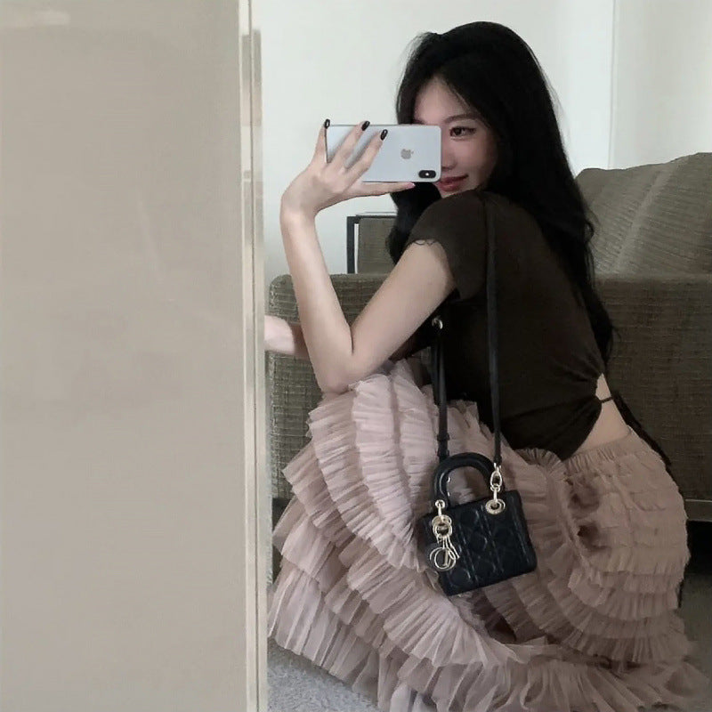 Skirt Set Women's Summer Straps Short Sleeve Top Temperament Fairy Mesh Cake Long Dress Two-piece Set