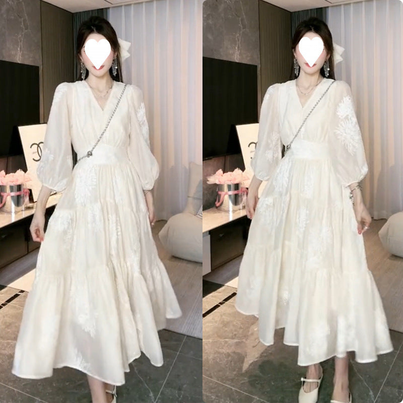 2025 spring new  gentle retro fashion summer new collar high waist thin coffee break embroidery dress