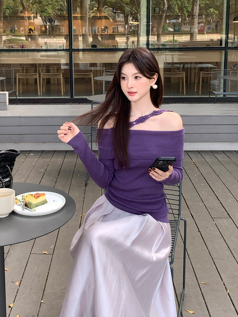 2025 popular autumn new ins temperament one-word collar flower knitted bottoming shirt long-sleeved top women 25147
