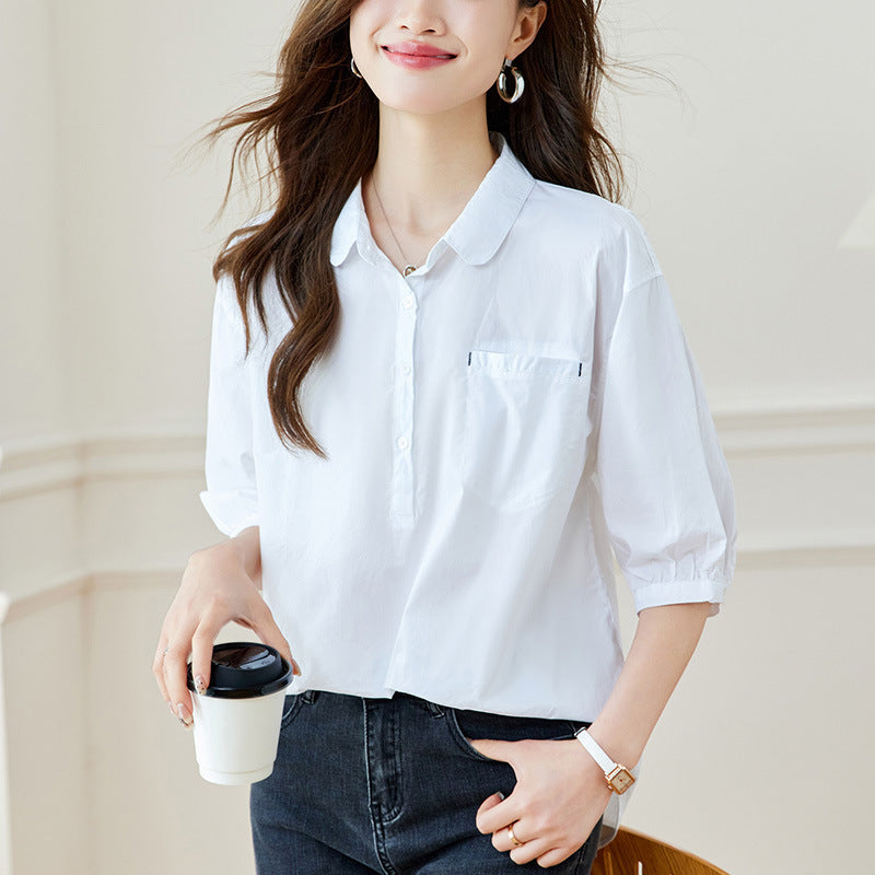 Cotton cocoon, Hong Kong style retro shirt women's  summer new solid color design sense niche temperament versatile basic model