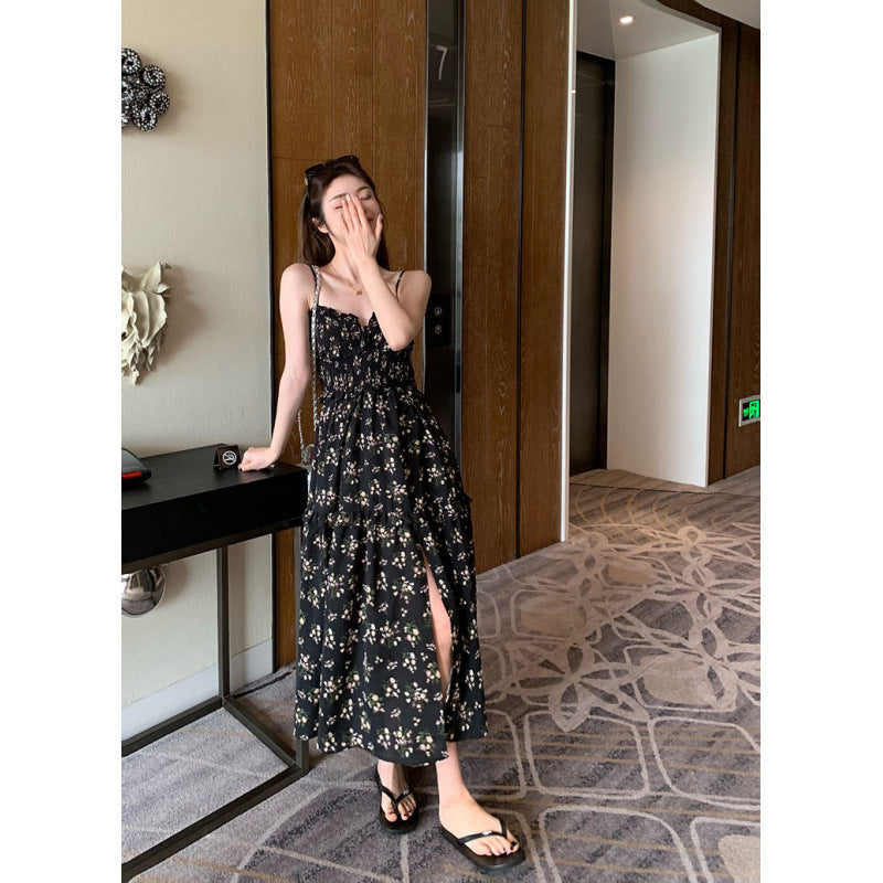 2025 summer new black floral dress women's high-end temperament coffee break skirt split suspender skirt long skirt