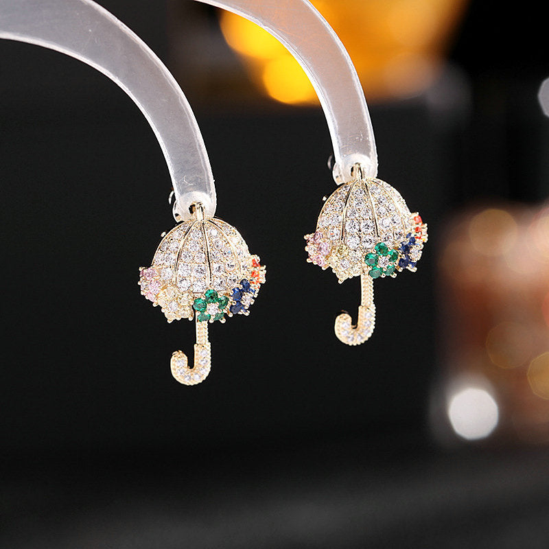 2025 S925 silver needle high-end earrings color zircon inlay fashion personality creative niche design small umbrella stud earrings