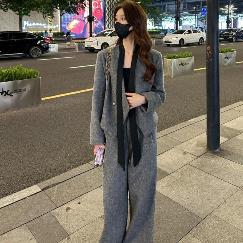 Temperament high sense V-neck streamer woolen blazer women's 2025 spring new casual straight pants two-piece set